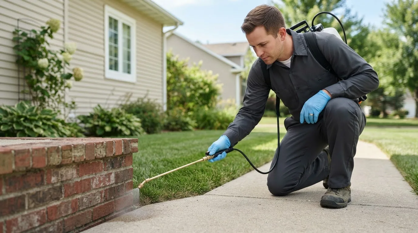 Pest control technician treating a home near South Pomfret, VT