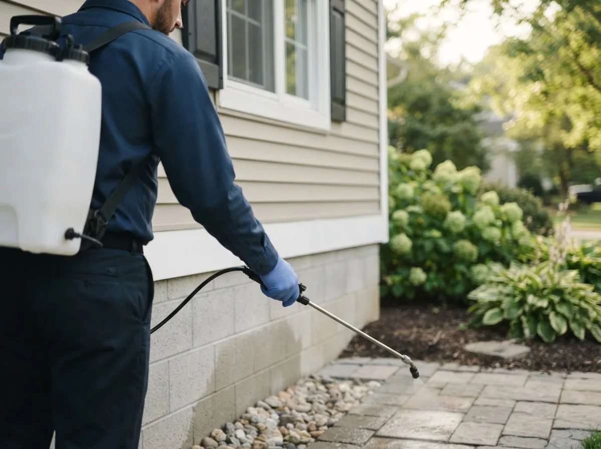 Pest control technician inspecting a home in South Pomfret, VT